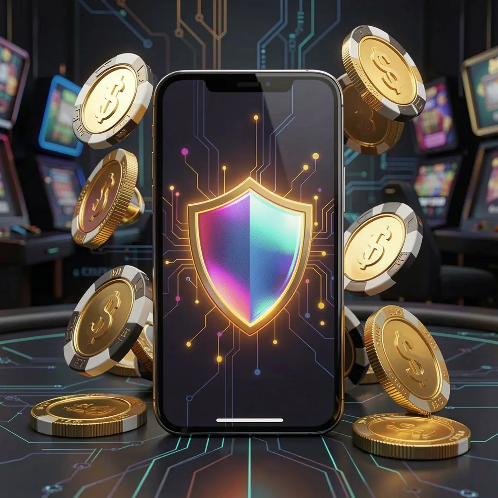 POGI888 secure mobile casino app concept showing a smartphone with a glowing shield icon surrounded by golden coins and chips against a dark luxury cyber background in a realistic 3D render