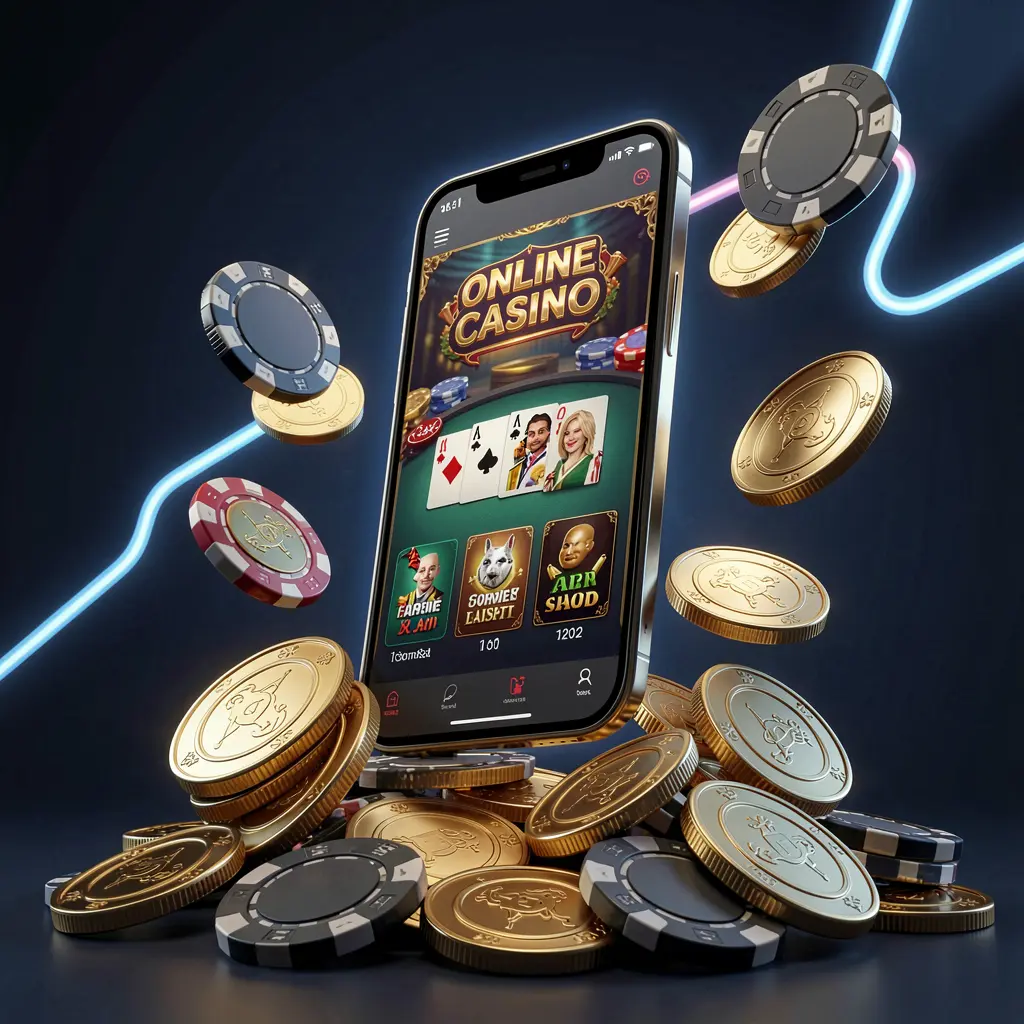 POGI888 online casino app promotion banner featuring a phone floating above golden coins and poker chips with a dark blue and black background and cinematic neon glow in a realistic 3D render