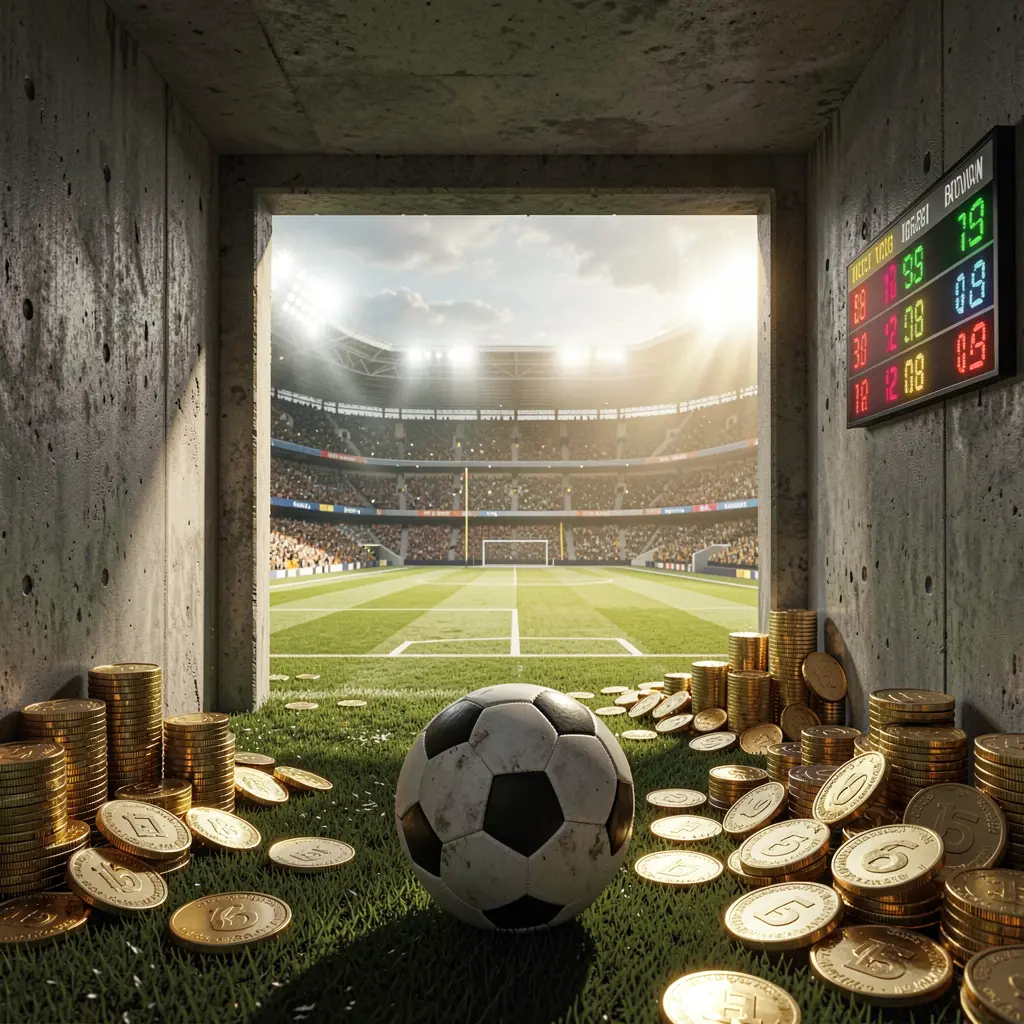 POGI888 football betting platform scene showing a dramatic stadium tunnel opening to a bright soccer field with a soccer ball in the foreground, digital odds graphics, and gold coins in a realistic cinematic render