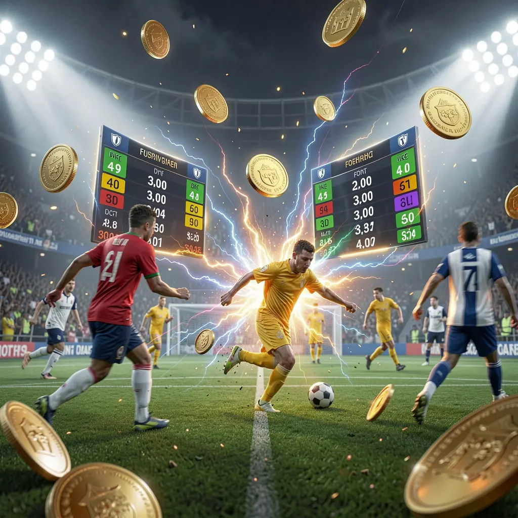 POGI888 live football betting concept showing a soccer stadium with bright lights, blurred players in action, floating odds panels, coins, and dynamic energy effects in a premium cinematic render