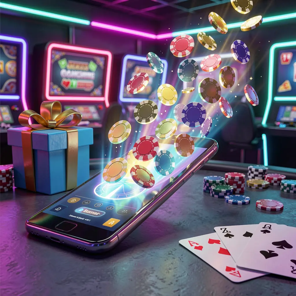 POGI888 mobile casino bonus scene with a modern smartphone displaying glowing casino chips and coins emerging from the screen, surrounded by a gift box and playing cards in a bright neon casino atmosphere