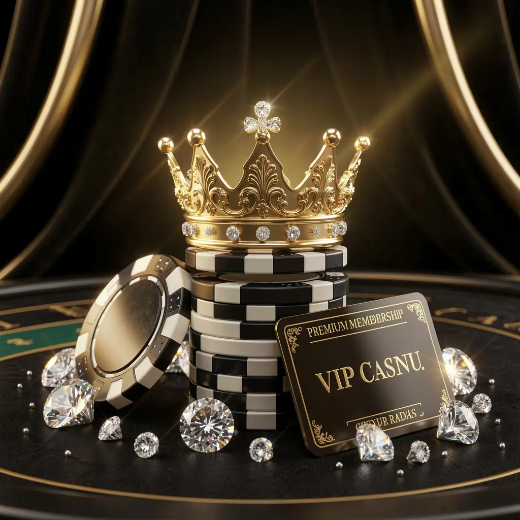 Elegant golden crown atop poker chips with sparkling diamonds and a premium membership card against a luxury black and gold background, showcasing the exclusive high-end casino atmosphere of POGI888 VIP rewards