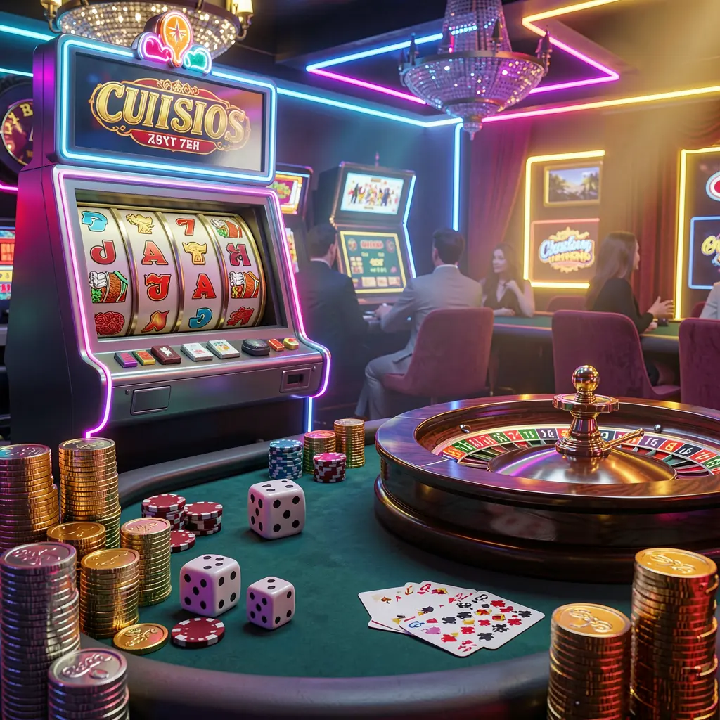 POGI888 casino entertainment scene featuring a slot machine, roulette wheel, dice, cards, and golden coins with colorful neon lights creating an exciting premium atmosphere in high quality 3D render
