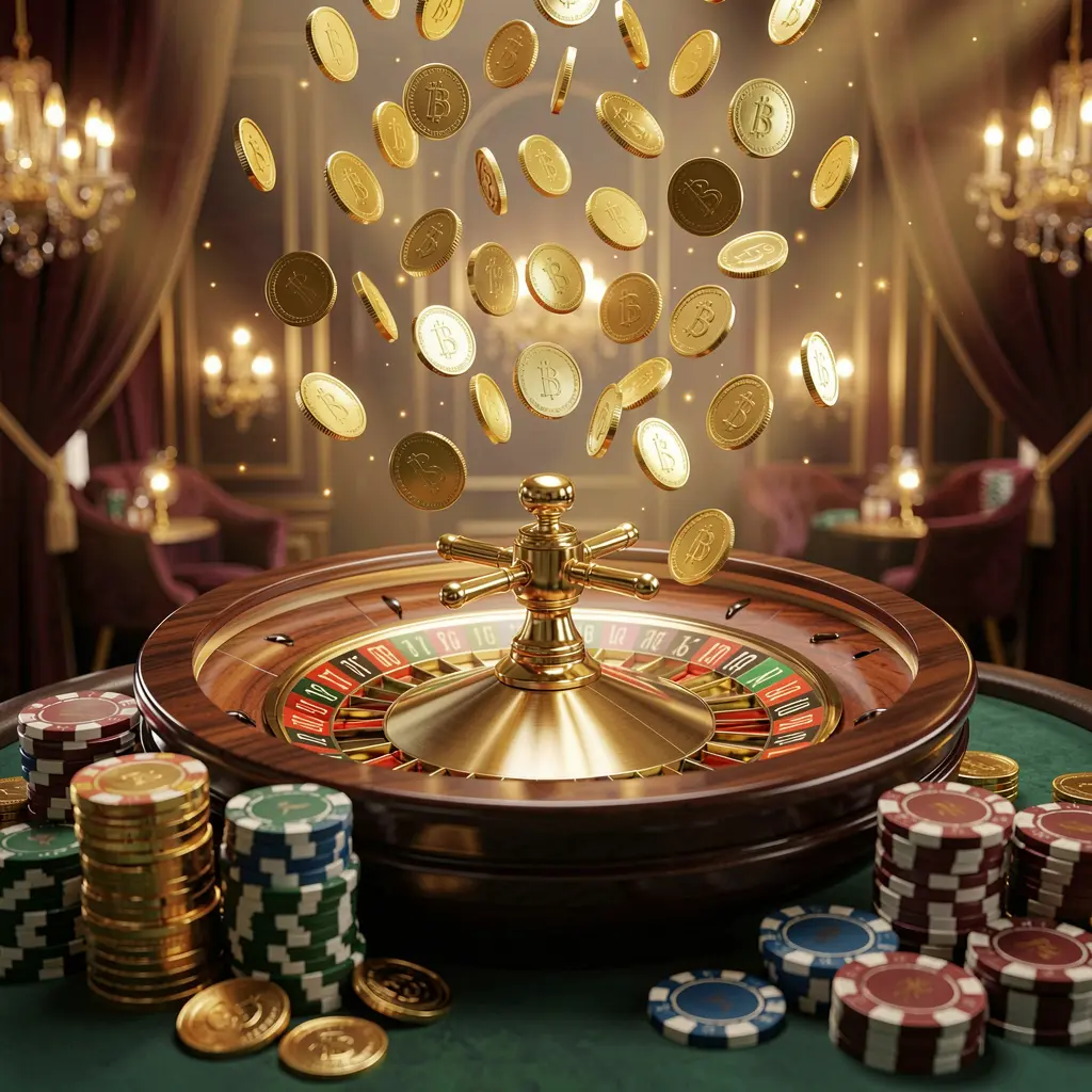 POGI888 premium online casino banner with golden coins raining over a roulette wheel and poker chips against a glowing luxury background in a dynamic 3D render