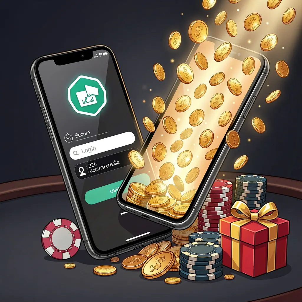 POGI888 casino user login illustration showing a phone with a secure access icon, golden coins bursting from the screen, poker chips and a gift box nearby on a dark premium background