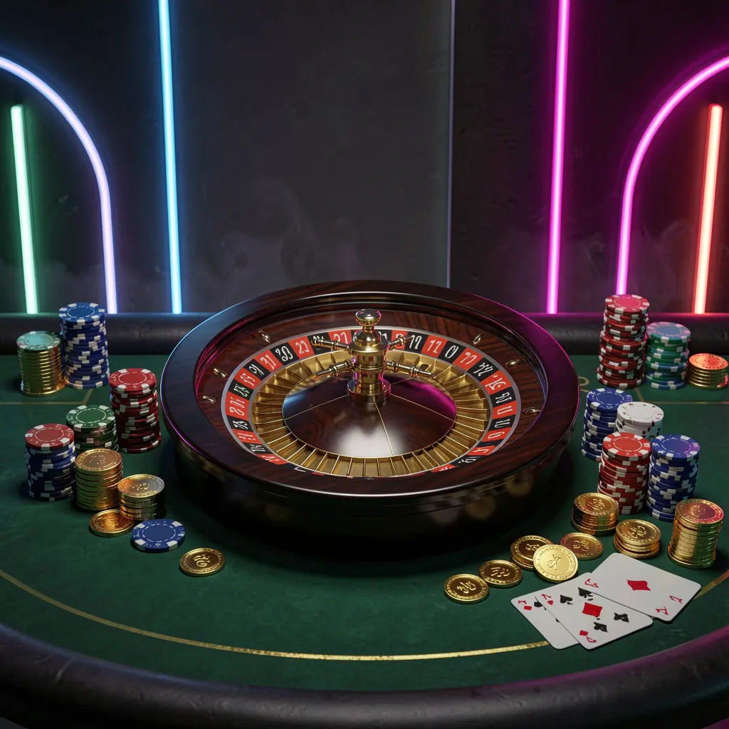 POGI888 online casino homepage hero banner featuring a luxury casino table with a roulette wheel, poker chips, playing cards, and golden coins against a dark premium background with neon glow in a cinematic 3D render POGI888 online casino homepage hero banner featuring a luxury casino table with a roulette wheel, poker chips, playing cards, and golden coins against a dark premium background with neon glow in a cinematic 3D render